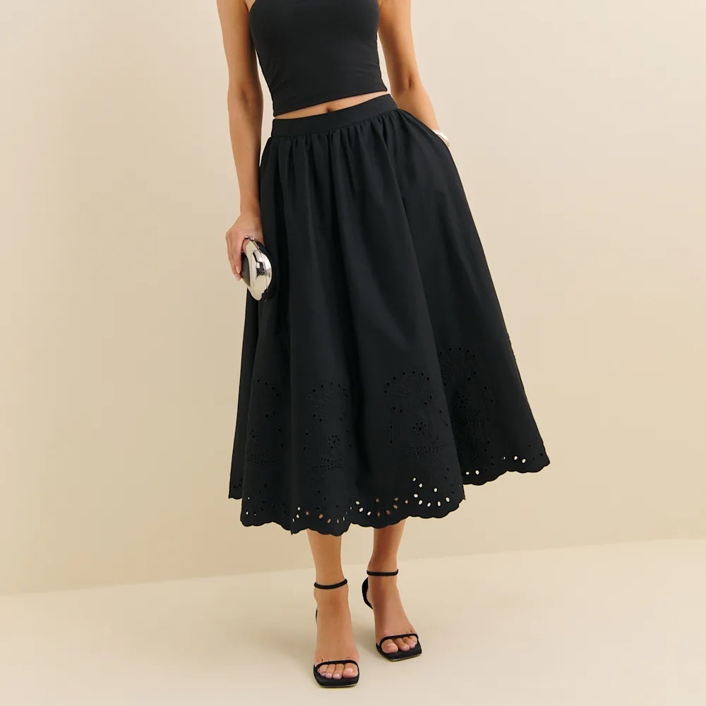 Reformation Black Eyelet Midi Skirt